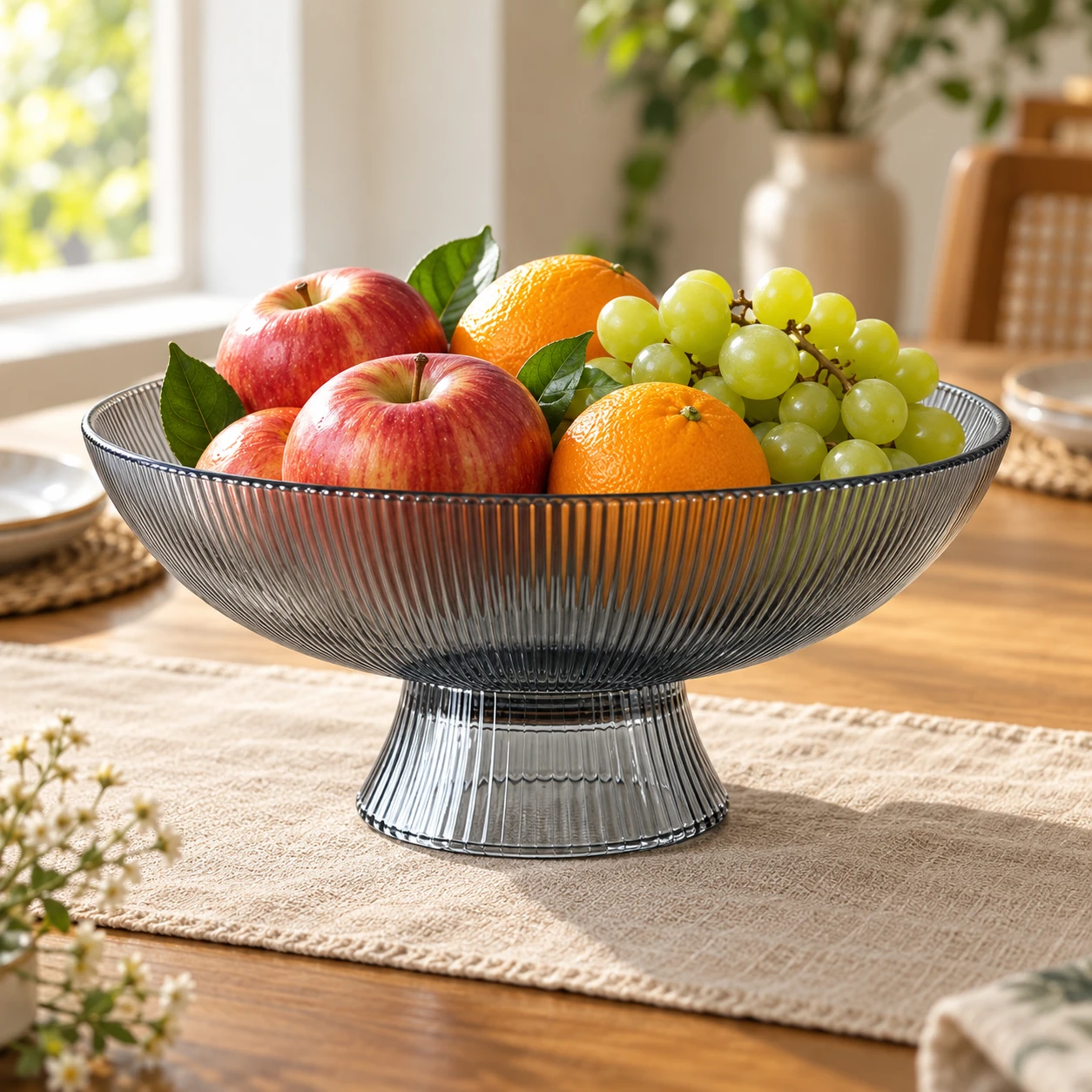 Smoky Blue Fluted Glass Fruit Bowl on Pedestal - view 3